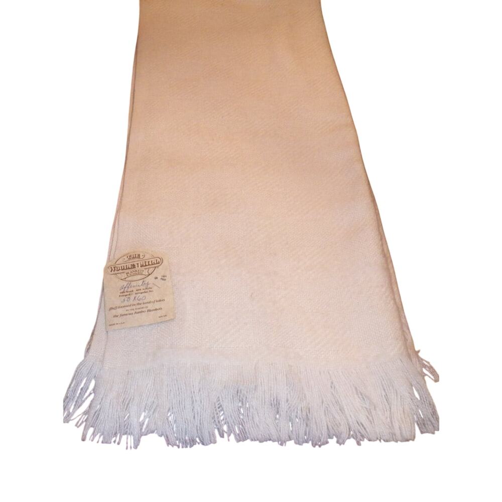 Vintage Faribo Wool Blanket Throw Cream Fringed Woolen Mill Minnesota Made USA